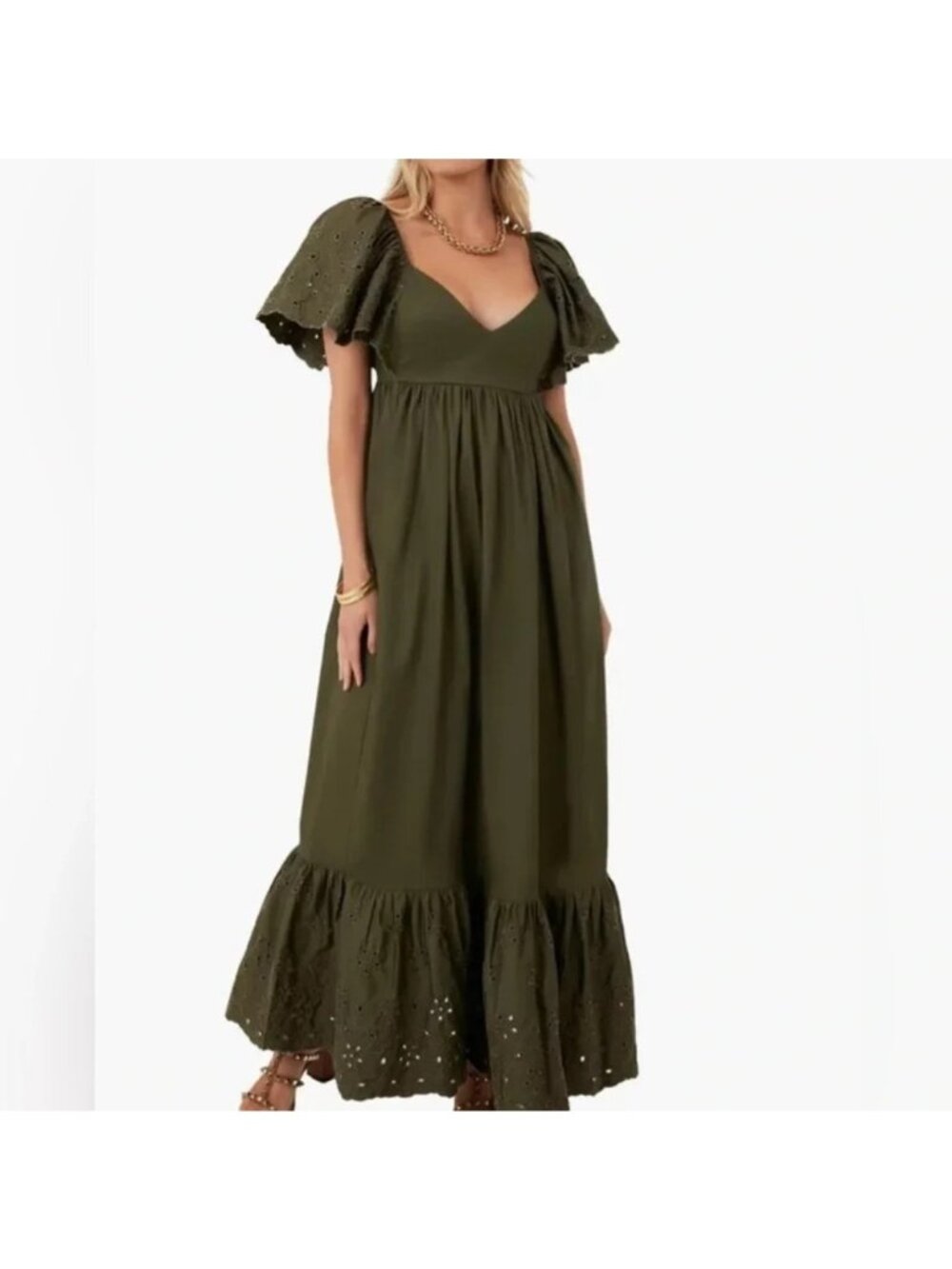 En Saison Olive Barnette Eyelet Flutter Sleeve Maxi Dress size M Medium NWT